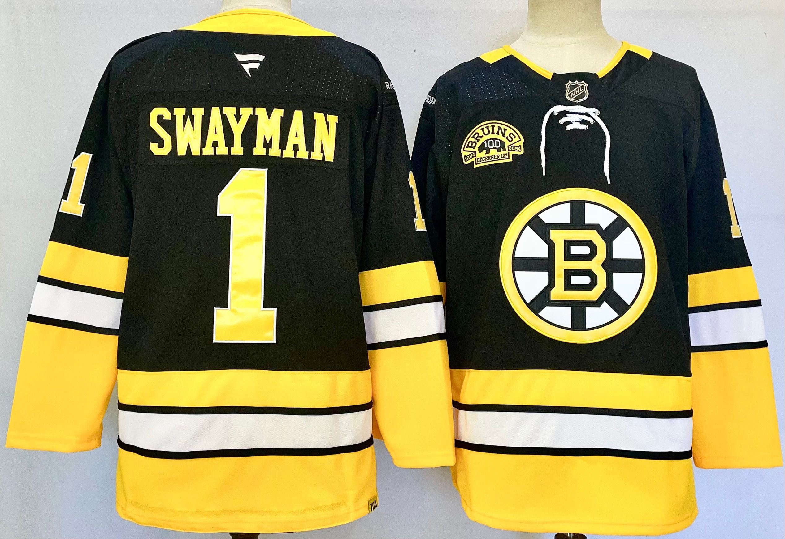 Men Boston Bruins #1 Swayman Black 2025 Home Premier Player NHL Jersey